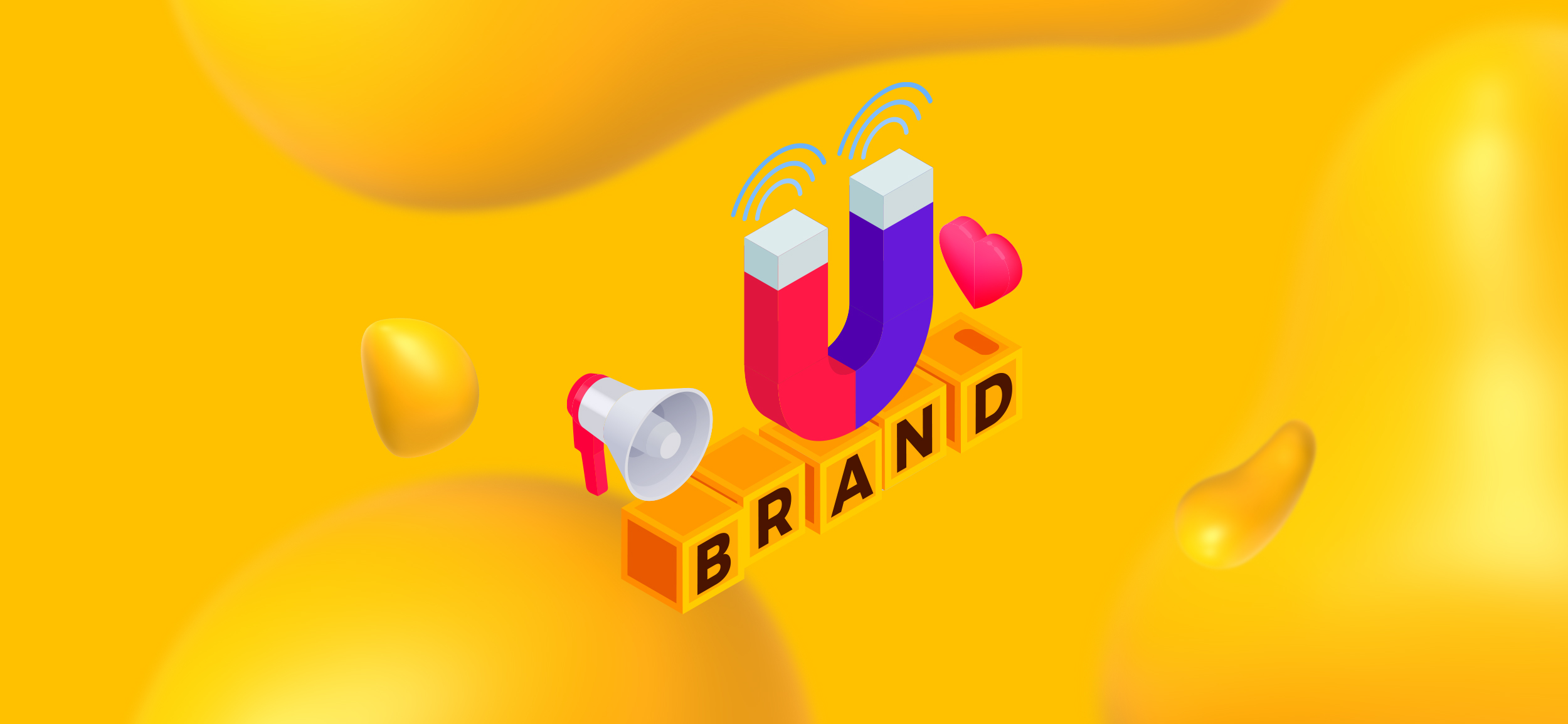 A U magnet and a megaphone over block letters spelling out the word, "brand." Copywriting agencies can provide your brand with a consistent brand voice.