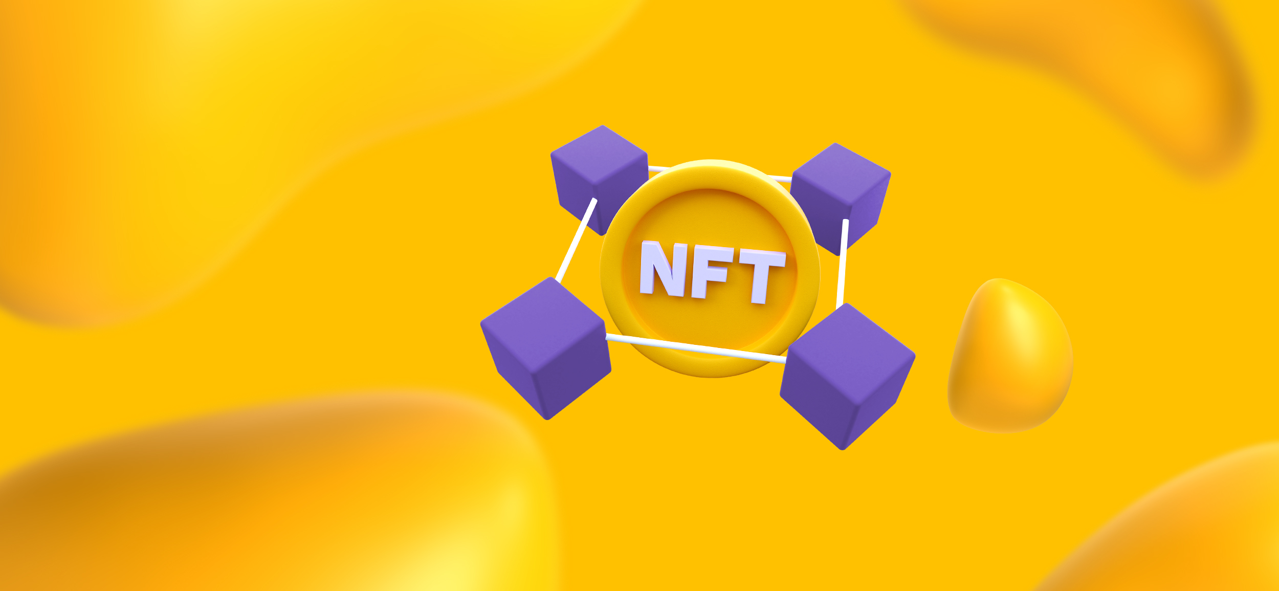 A coin with NFT on its front, surrounded by cubes. Design your NFTs is the 2nd step to launching your collection.