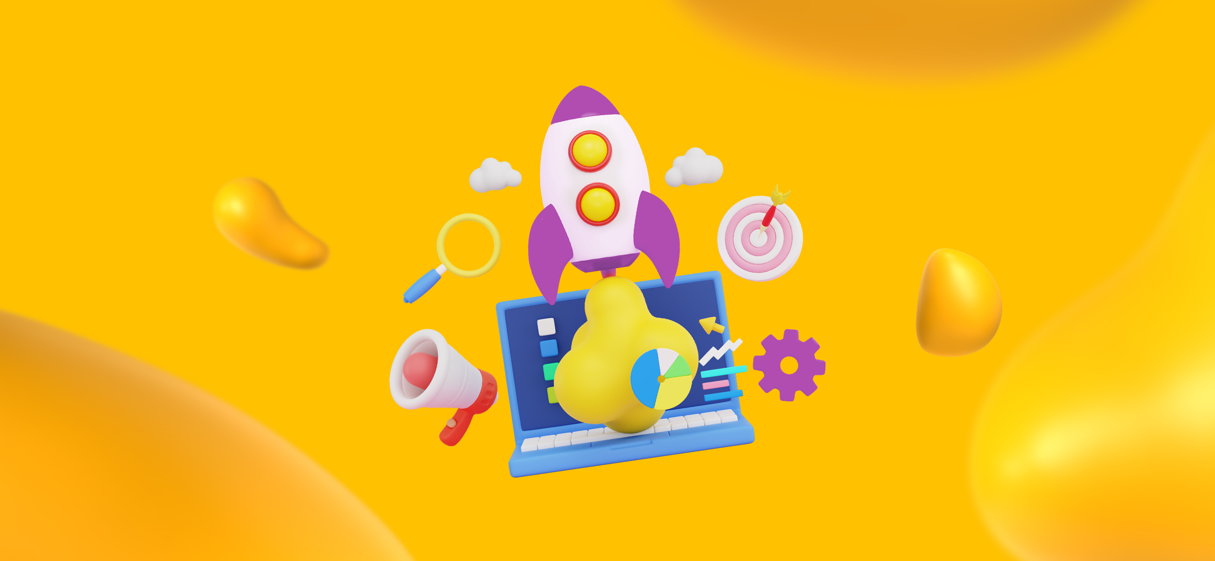 Elements of marketing, including a megaphone, bullseye, and laptop, for using AI to personalize content at scale.