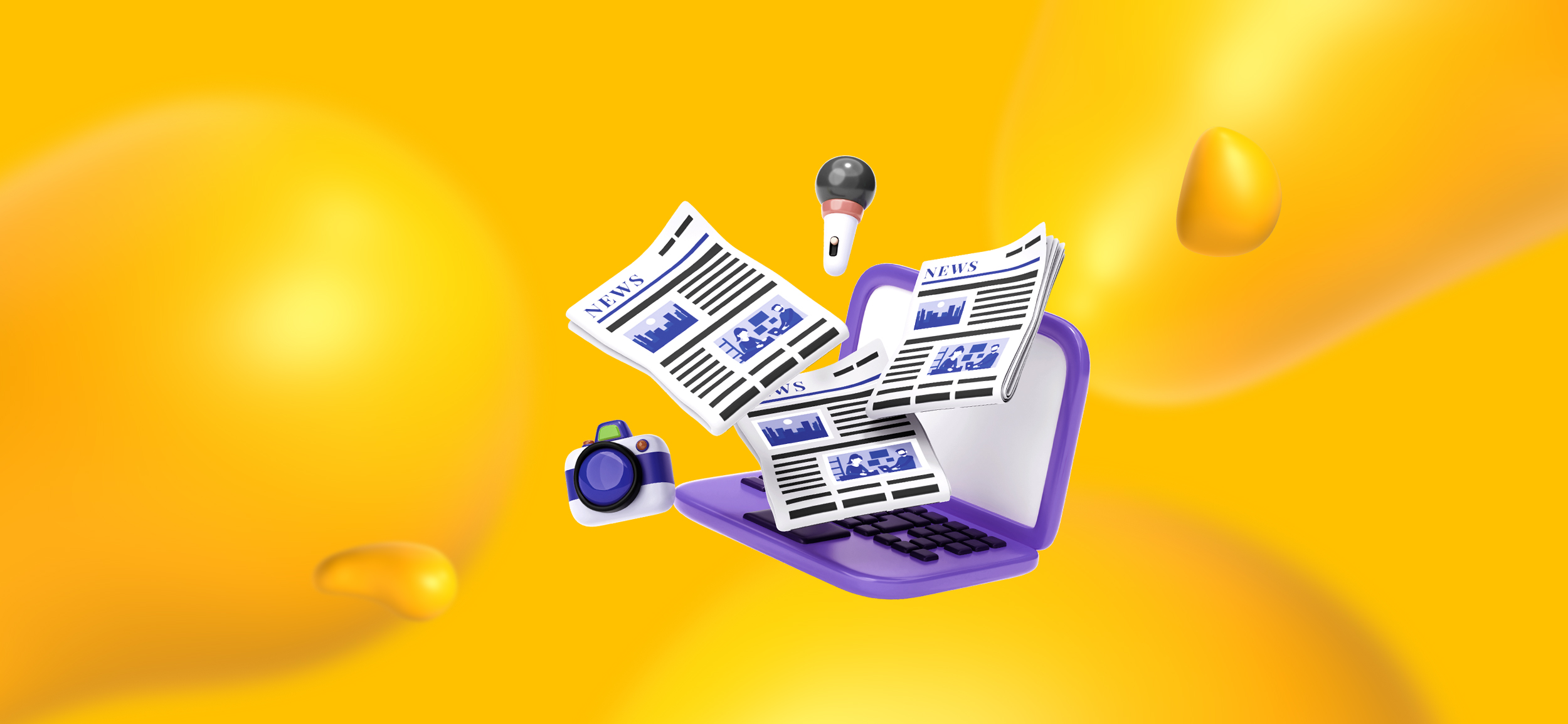 Elements of publications, like a laptop, newspapers, and a microphone. What is publication design?