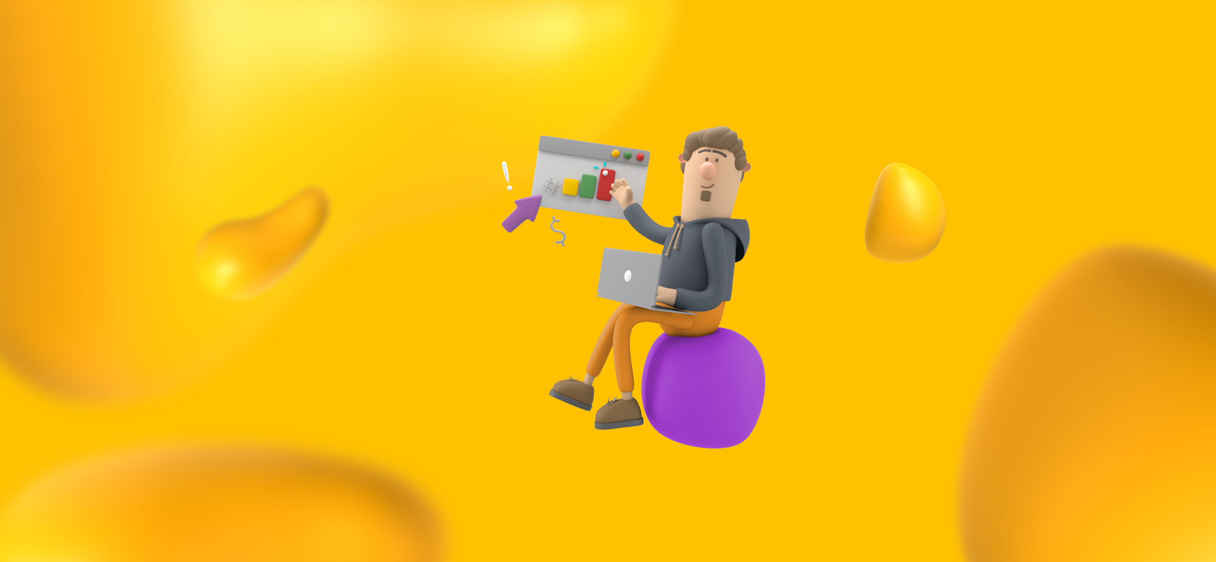 A graphic designer sitting on a purple ball, working on a laptop.