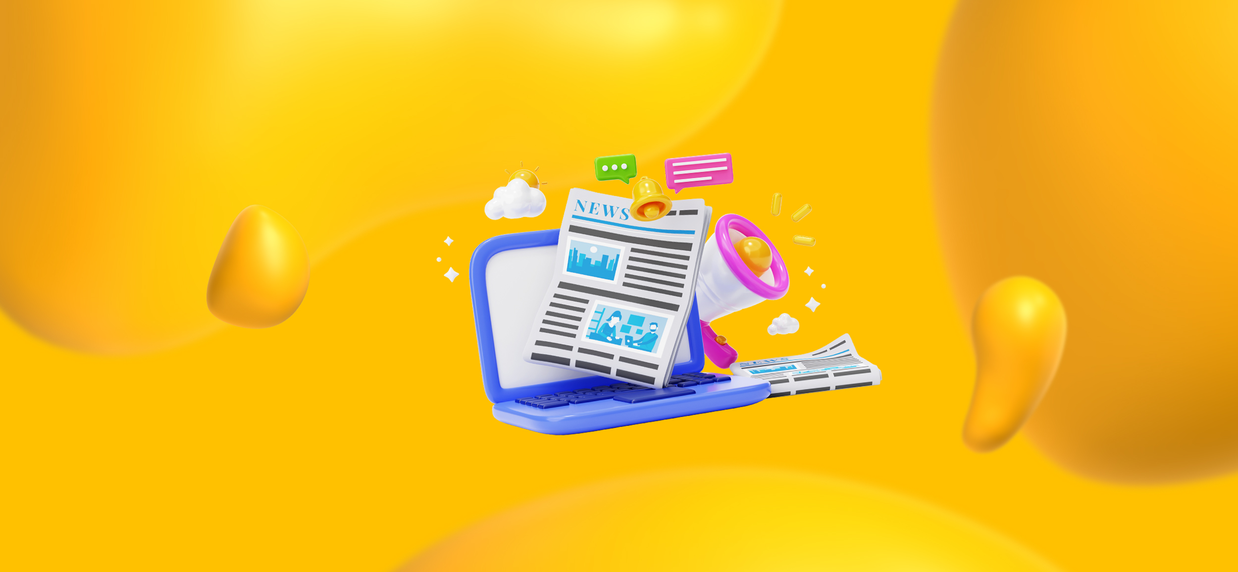 Elements of digital advertising, including a megaphone, laptop, newspaper, and chat bubbles.