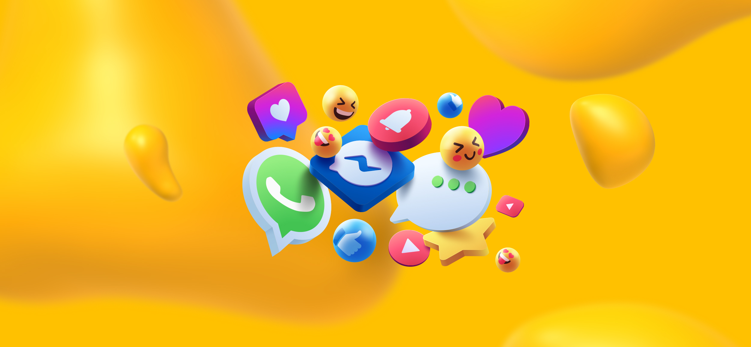 Key elements of digital advertising services, including social media icons, text bubbles, and other emojis.