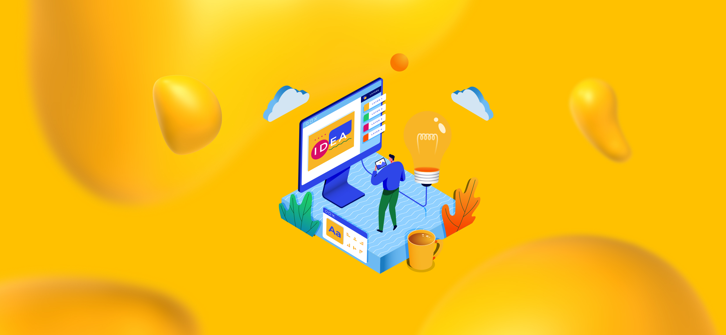 A man stands in front of a giant computer monitor. Website and digital branding is the 4th of 8 essential branding services.