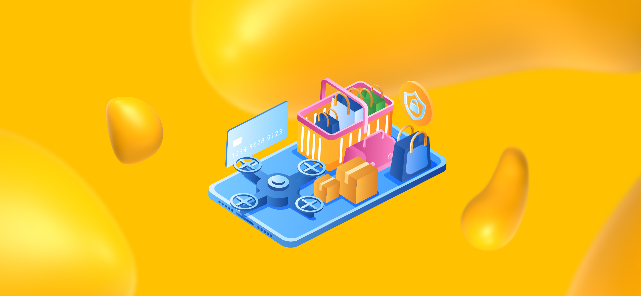 Elements of retail, including a credit card, shopping basket, purse, and packaged goods. Here is your roadmap to retail marketing success!