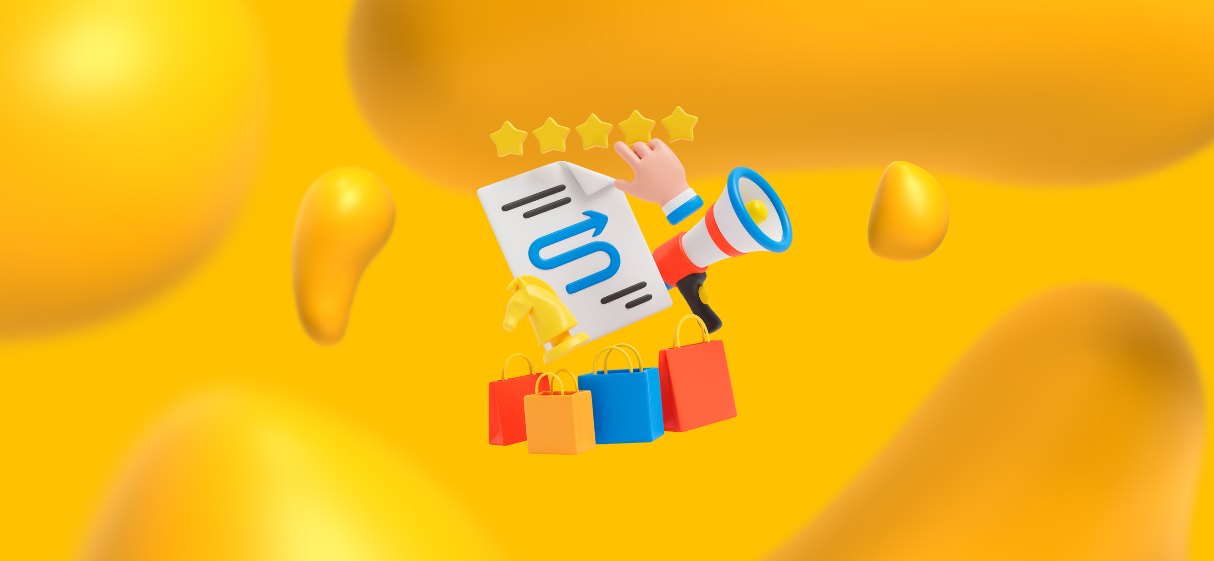 Elements of retail marketing, including shopping bags, a 5-star review, and a megaphone.