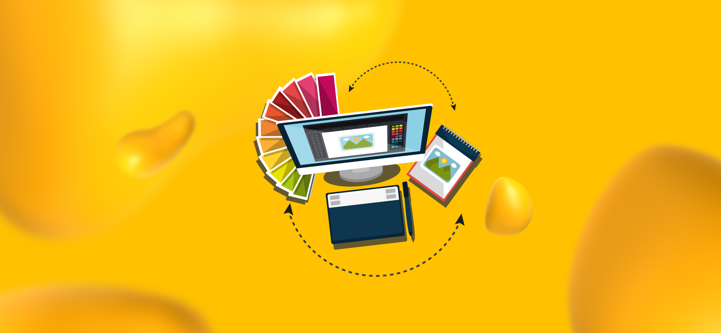 Elements of digital design plus printed design, including a computer monitor and a notebook. Optimize for both print and digital to keep your publication design on top.