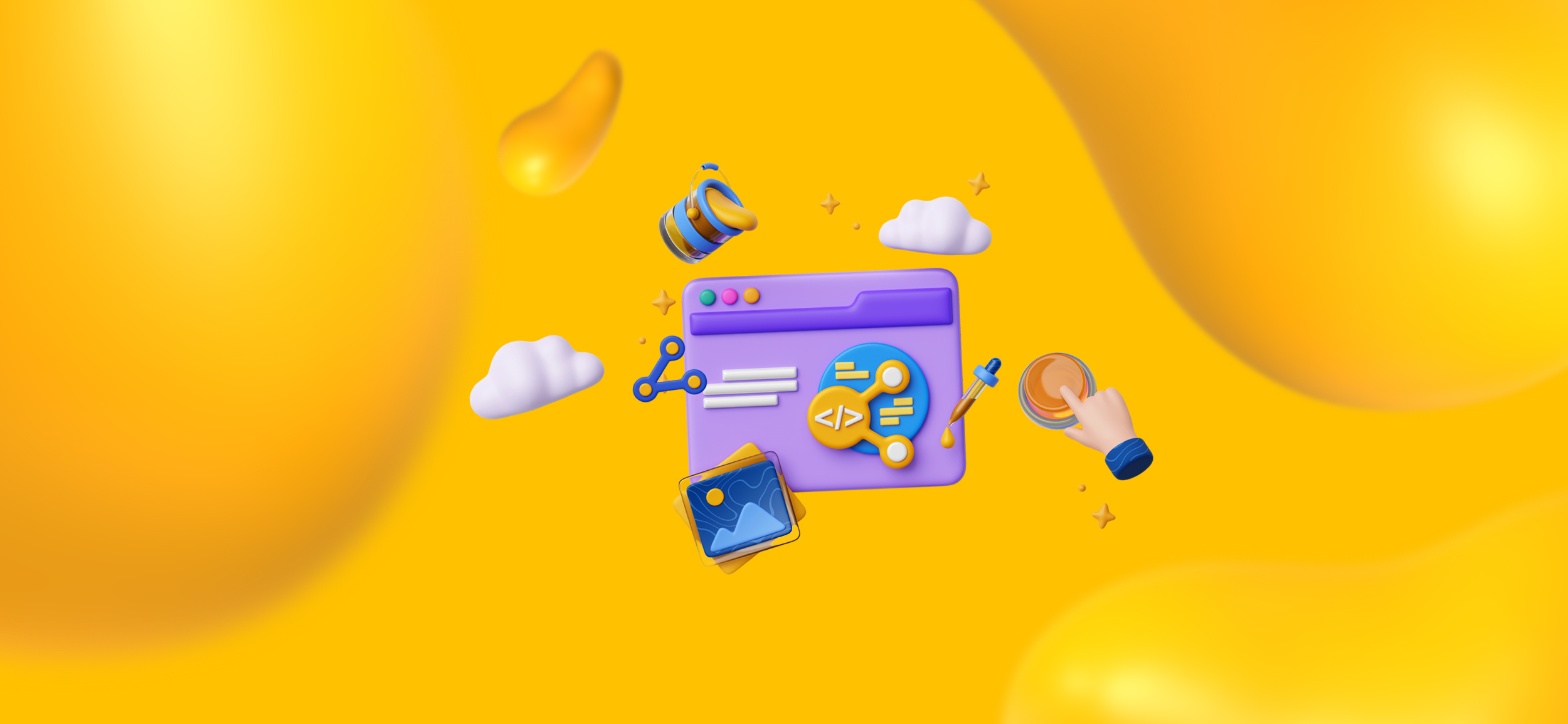 Elements of UI/UX design, including graphic design tools, a webpage, and tool icons.