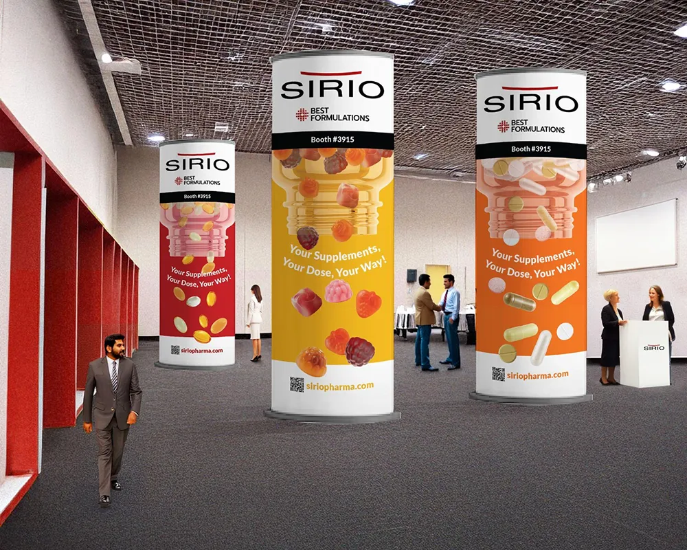 Tradeshow column wrapper design for Sirio, an example of Kulsuma's creative work.
