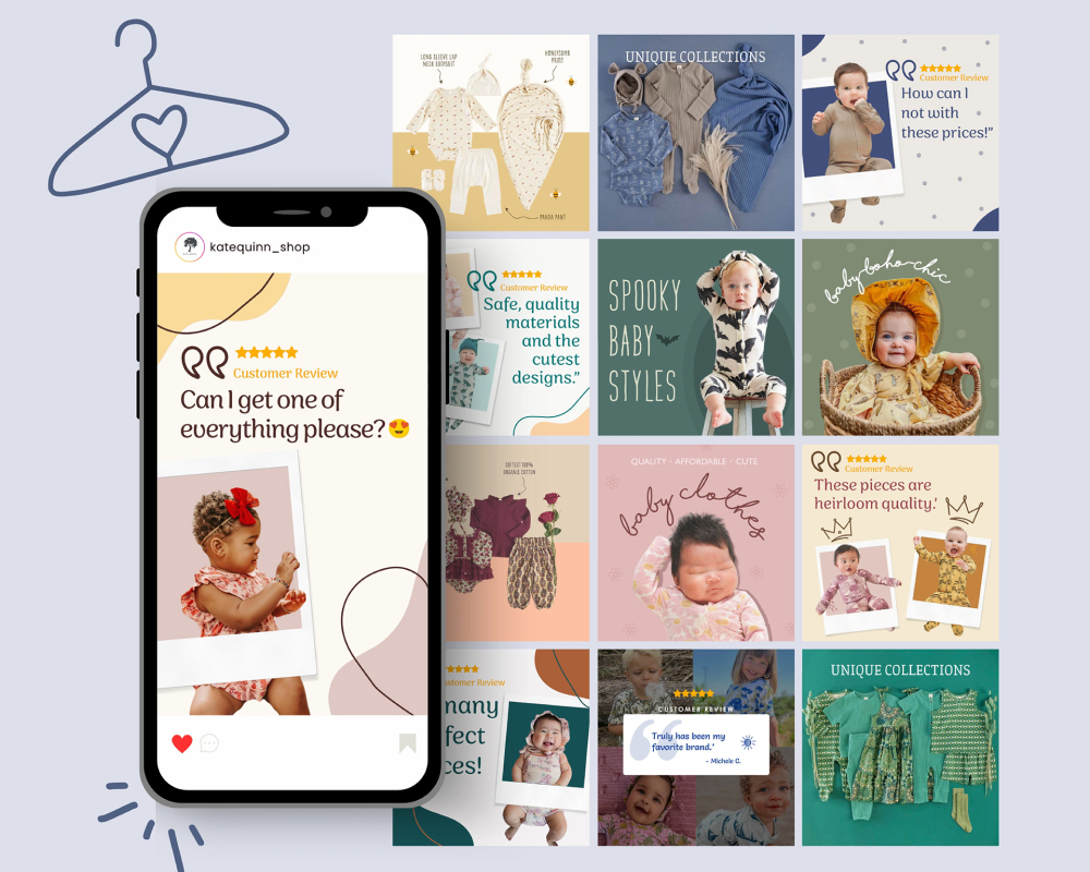 Static and GIF social media ads for Kate Quinn, an example of Kulsuma's creative work