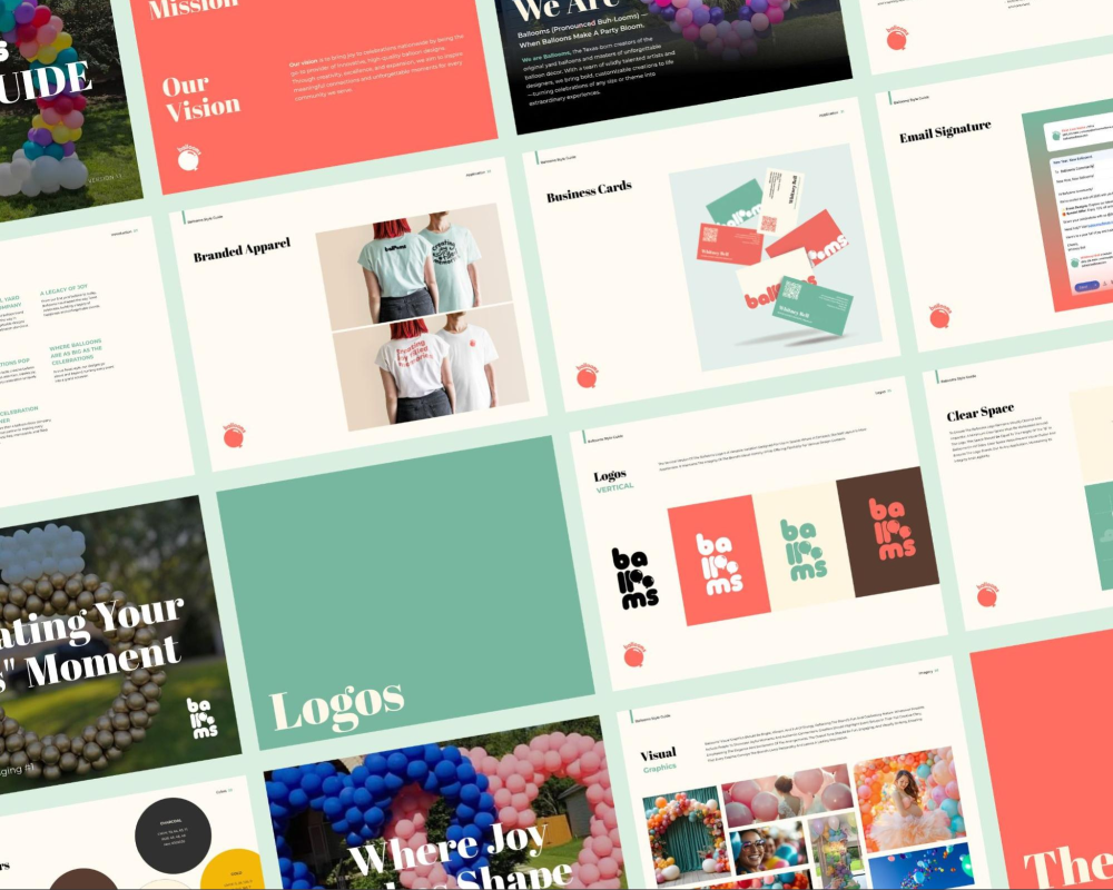 Brand guide and collateral for Balloons, an example of Kulsuma's creative work.