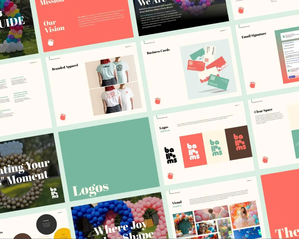 Brand guide and collateral for Balloons, an example of Kulsuma's creative work.
