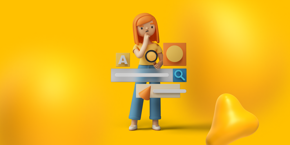 A woman holding a magnifying glass, searching for manufacturing marketing strategies.