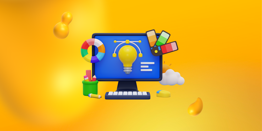 Elements of design, including a monitor, color palette, color wheel, and pencils to represent a traditional design agency.