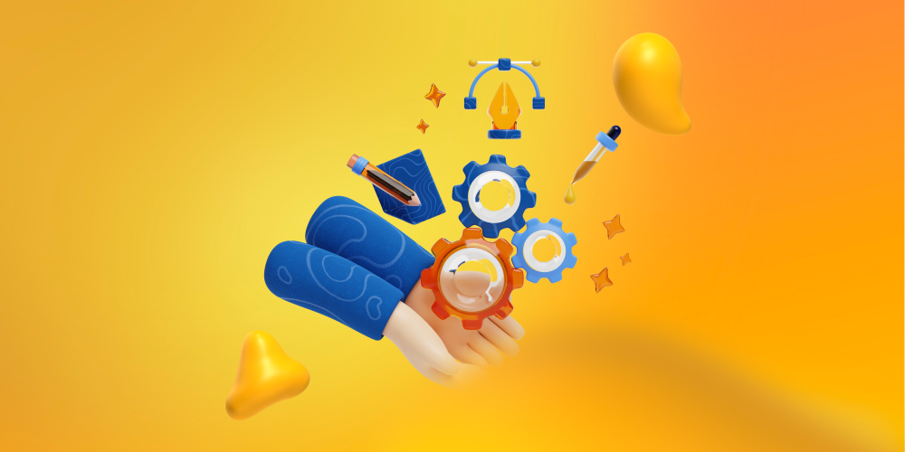 A pair of hands offering design elements, including pen tool, gears, and color dropper. What is Creative as a Service?