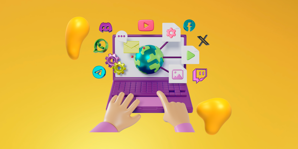 A set of hands typing on a computer surrounded by social media icons. Let's debunk some common myths about content writing services.