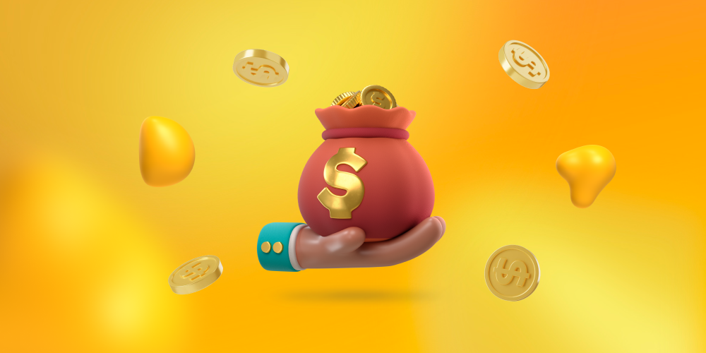 A hand holding a sack of gold coins. How do web design companies charge you for services?