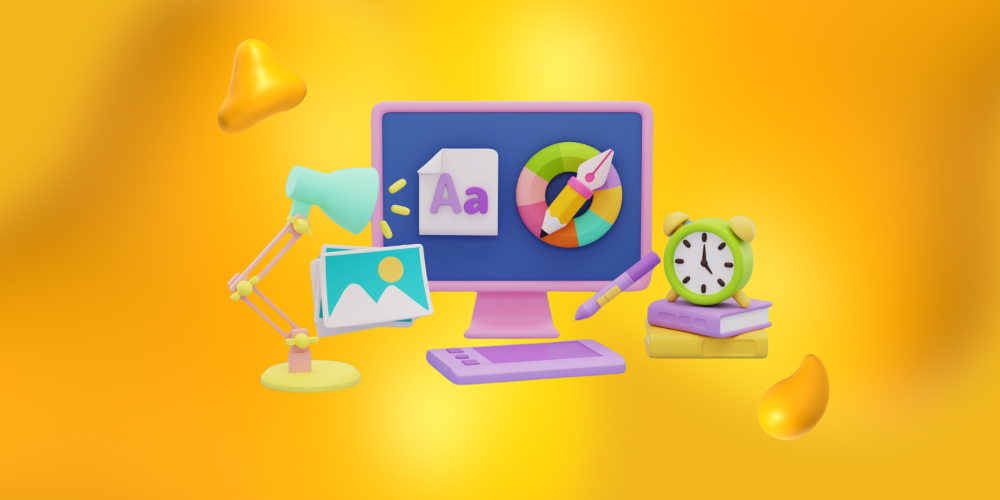 A computer showing elements of graphic design, like fonts, a color wheel, and pen tool. We are celebrating the women who changed the face of digital and interactive art.