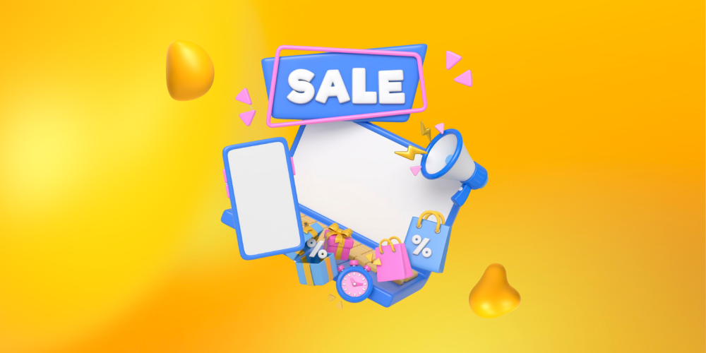 Elements of a sale like banners, shopping bags, and a megaphone. Seasonal and limited-time offers can help increase bookings.