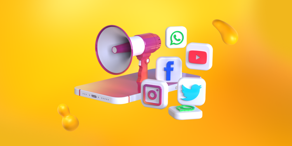 A bullhorn sticking out of a smartphone and surrounded by social media logos. Social media campaigns are an NFT marketing strategy that's winning Web3.