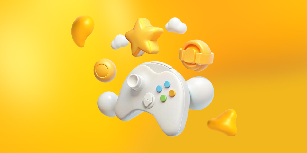 A video game controller surrounded by elements of gaming. Gamification is an NFT marketing strategy winning Web3.