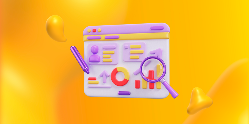 Elements of analytics, like charts, graphs, and a magnifying glass. Test, learn, and iterate your ad creative to improve ROAS.