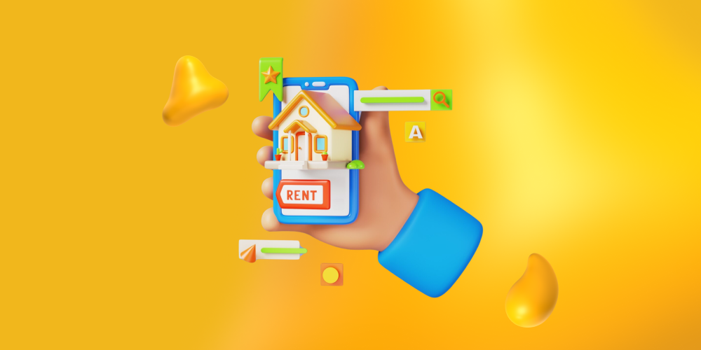 A hand holding a smartphone that displays elements of real estate, like a Rent sign and a house. 