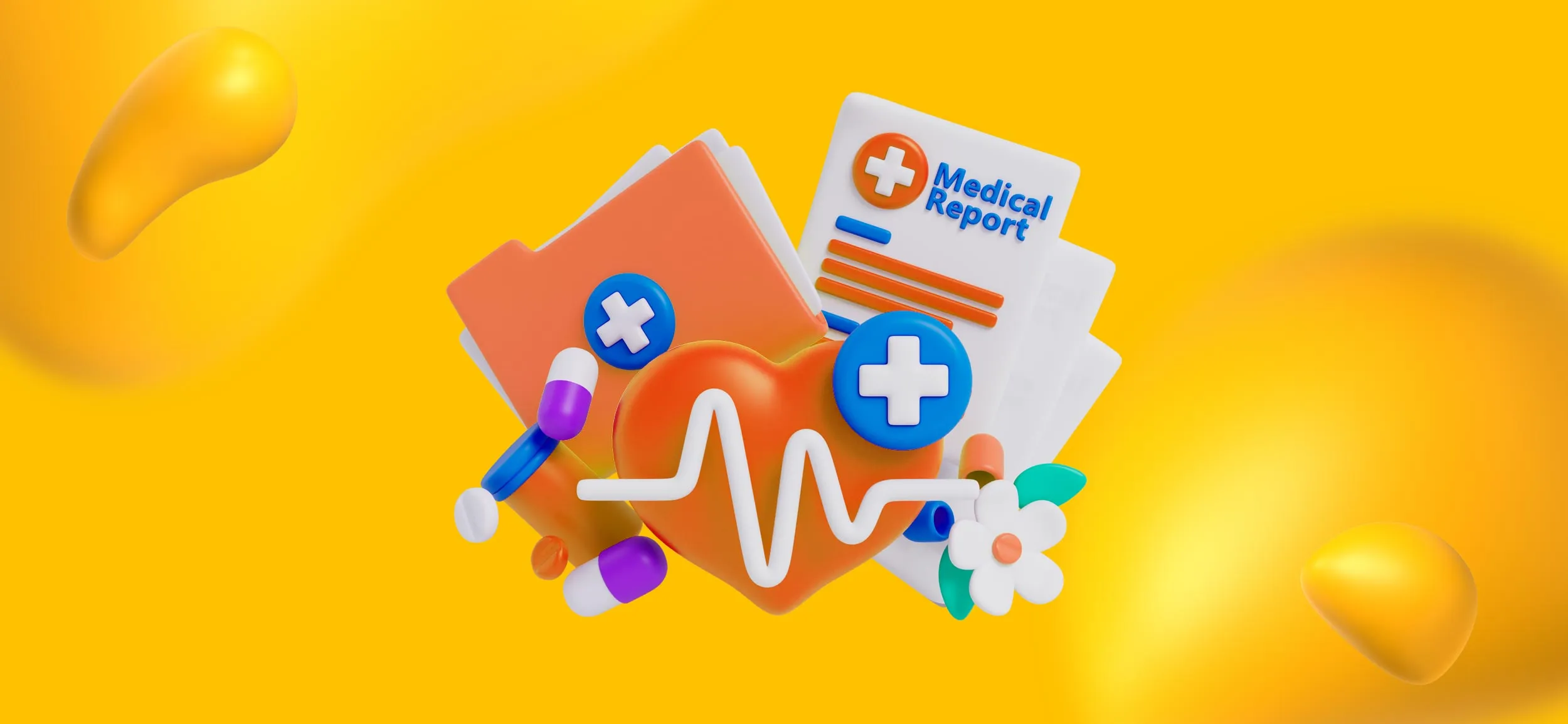 Elements of healthcare, like a heart rate monitor in front of a heart, a medical report, a file, and a bottle of medicine.