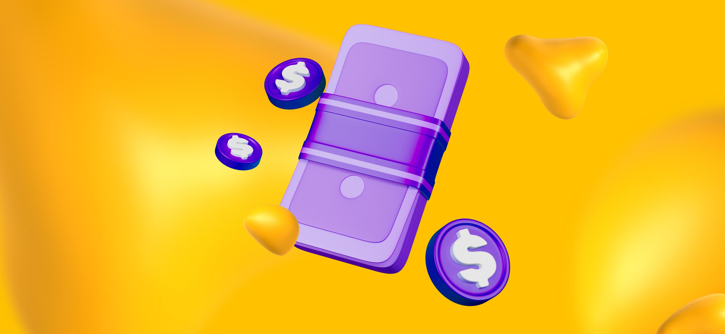 A wrapped stack of bills surrounded by purple coins, for pricing comparison of Webflow and WordPress.