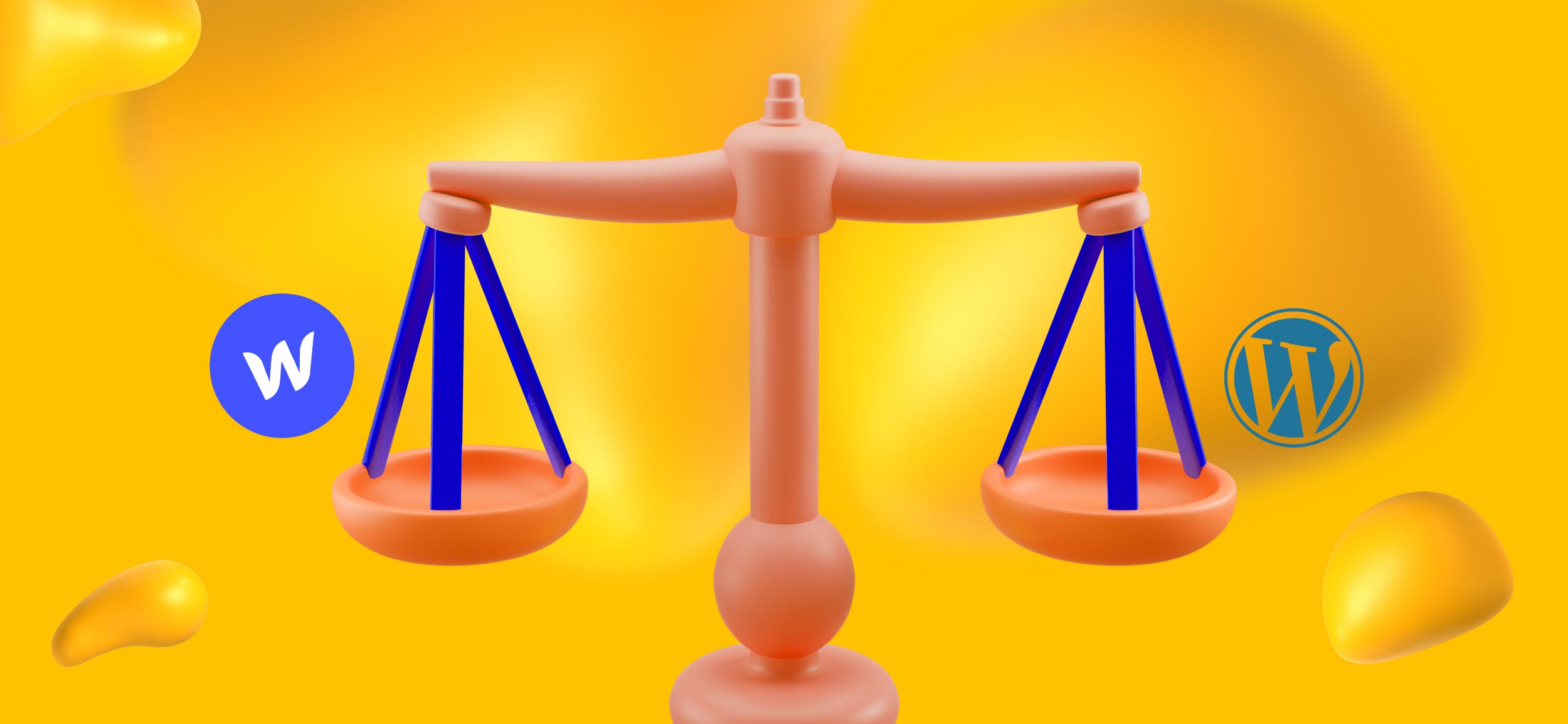 A scale balancing the Webflow logo on one side and the WordPress logo on the other, for marketers to s