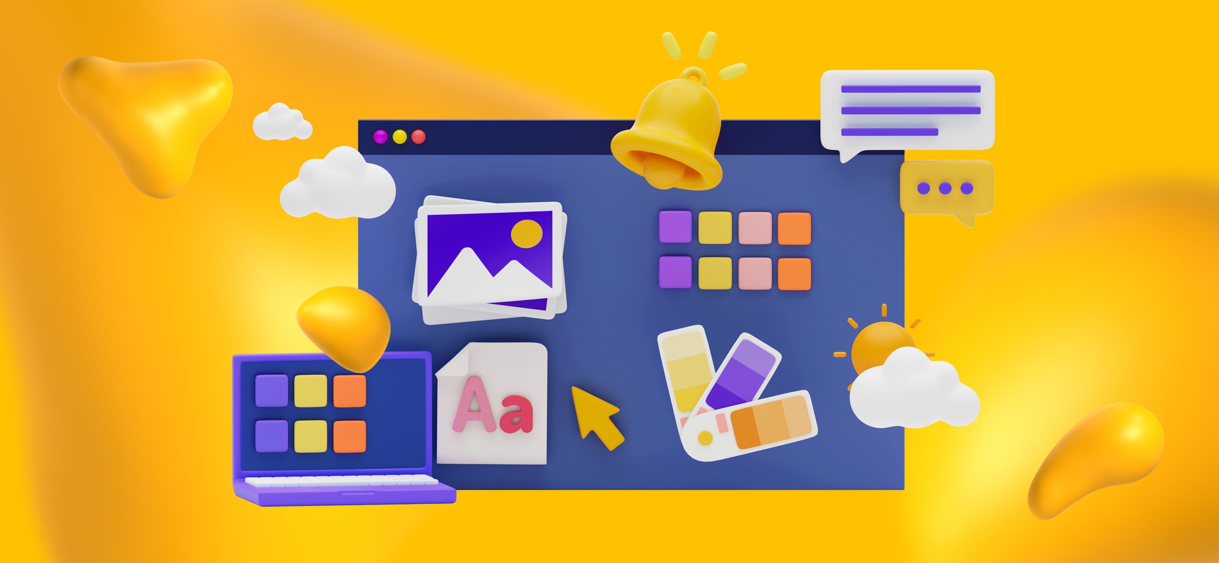 A Mac screen with elements of graphic design, like a color palette, typography, images, and an arrow.