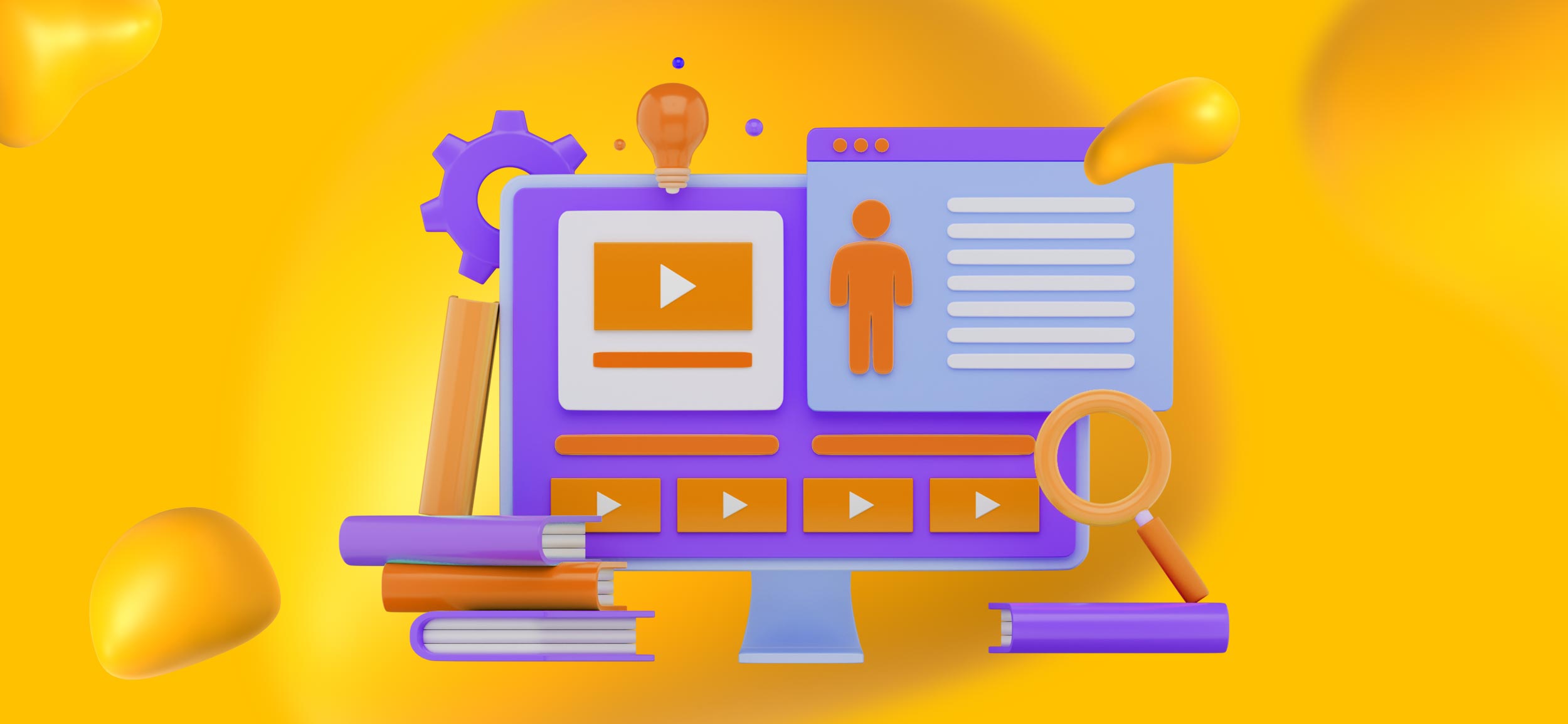 A variety of 3D design tools, a video player screen, and a computer profile, for other online Figma tutorials.