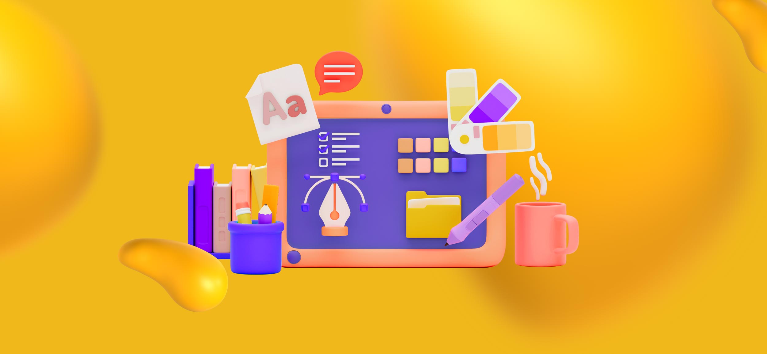 Elements of label design, including color palettes, a screen showing graphic design software, a pen tool, books, and a stylus.