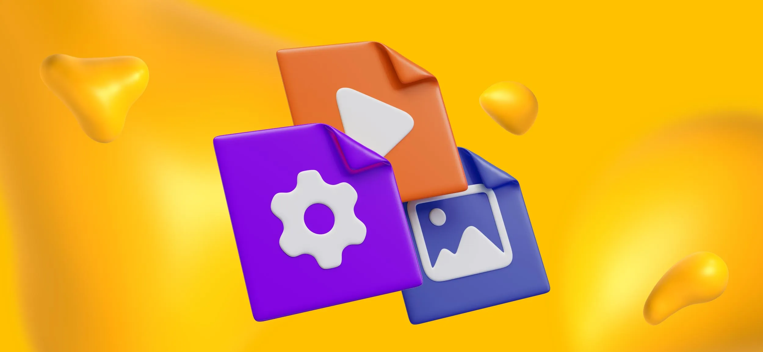 Content creation elements like a video play button, an image, and a settings wheel. Tools for content creation.
