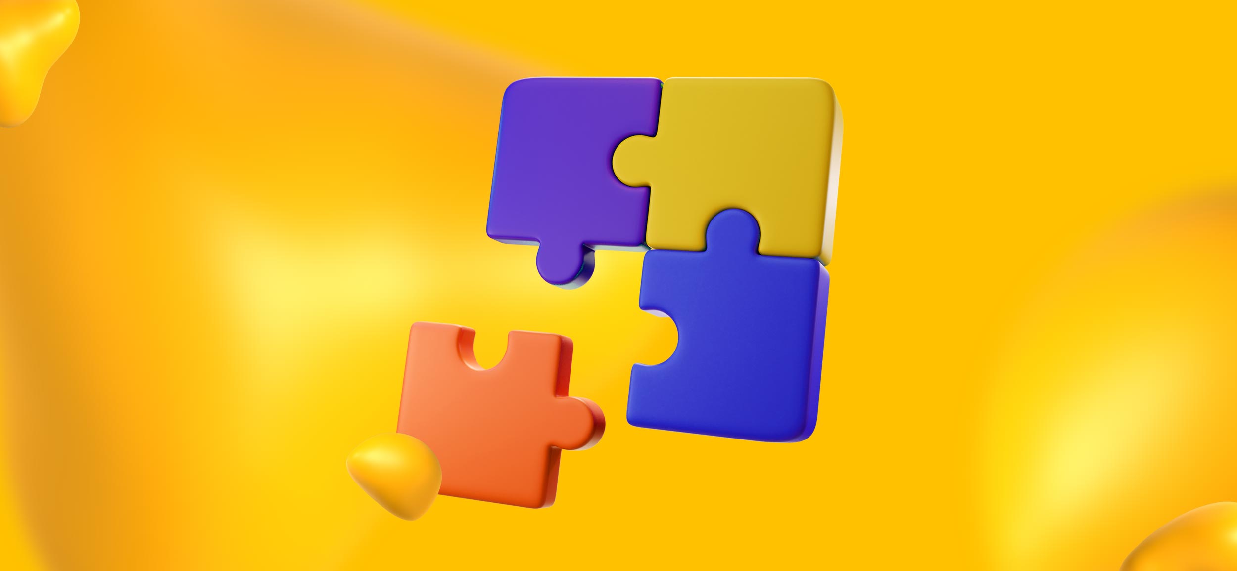 Three interlocking puzzle pieces with a 4th about to join, for collaboration features of Adobe XD and Figma.