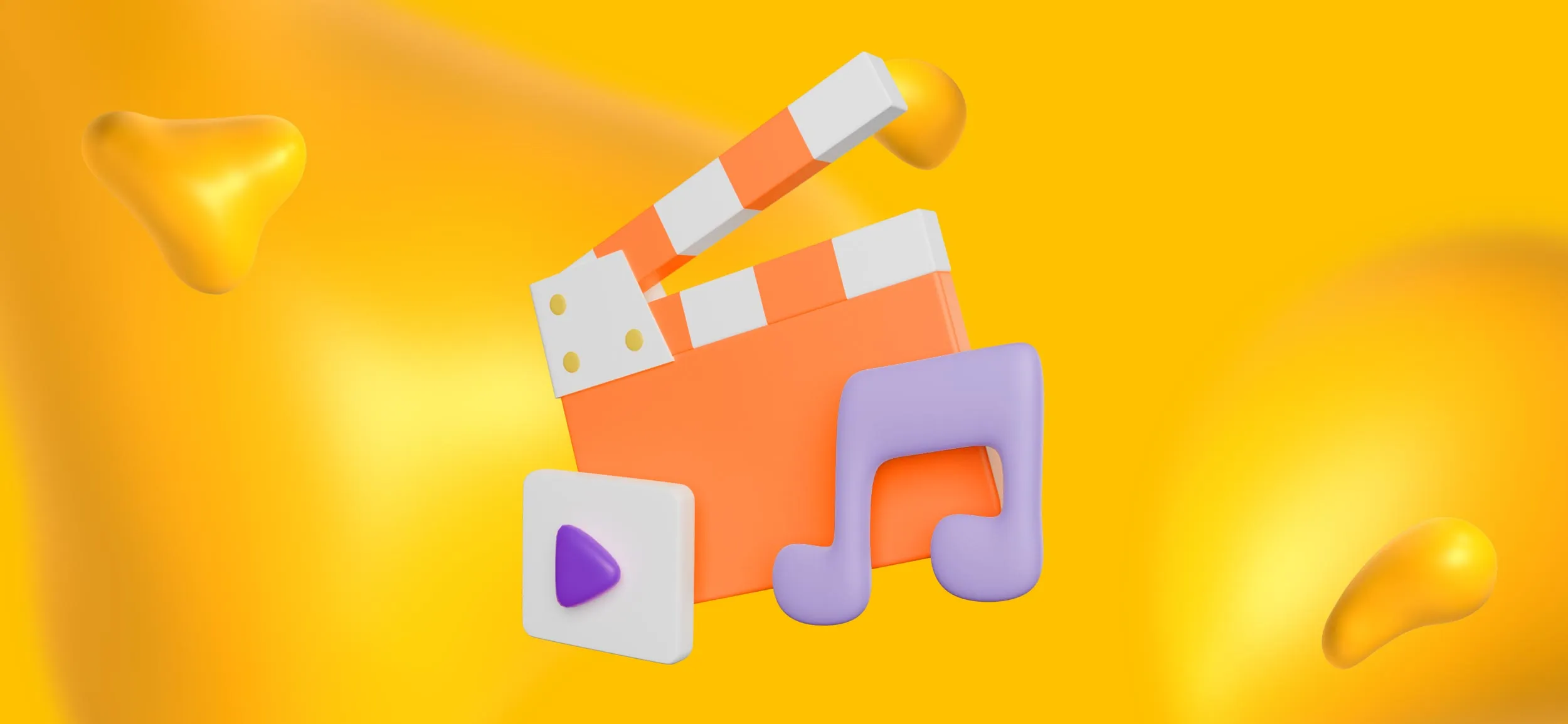 A clapboard, play screen, and set of eighth notes, for games and entertainment, a great use for ElevenLabs AI voices.