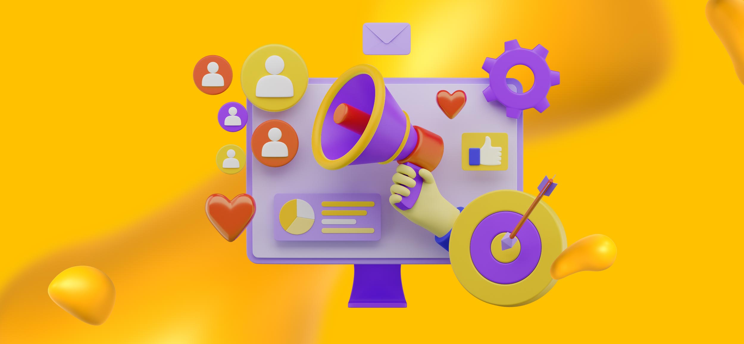 A computer monitor with marketing elements, like avatars, a megaphone, and social media icons, for the benefits of using ElevenLabs AI voices.