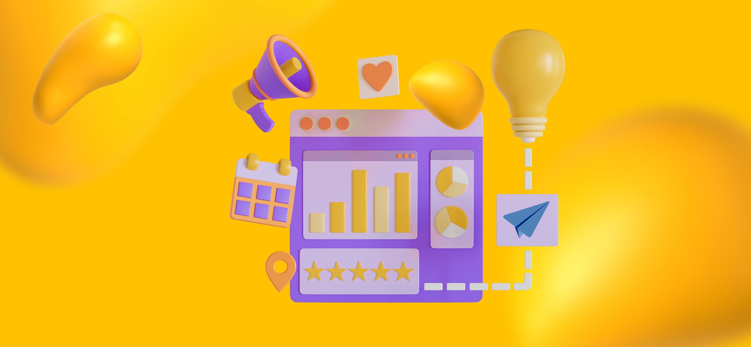 Elements of content marketing, like a computer screen, a lightbulb, a calendar, and a megaphone.