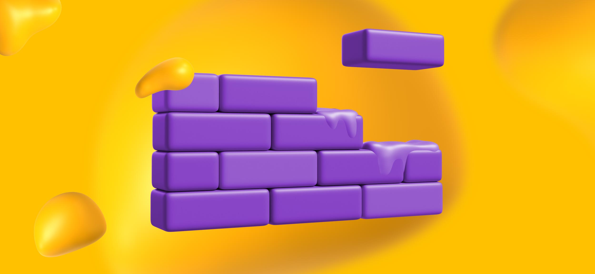A purple wall of bricks with one brick being lowered into place for "starting with a solid foundation," a tip for using Stable Diffusion Generative Fill.