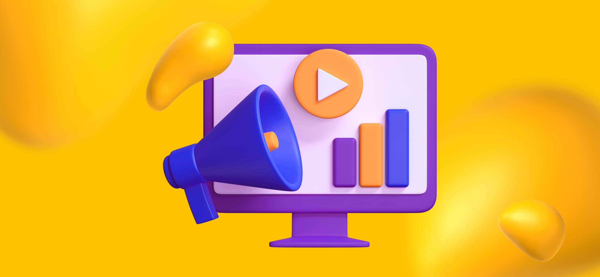 A computer monitor with elements of marketing, including a megaphone, video, and a graph trending upward.