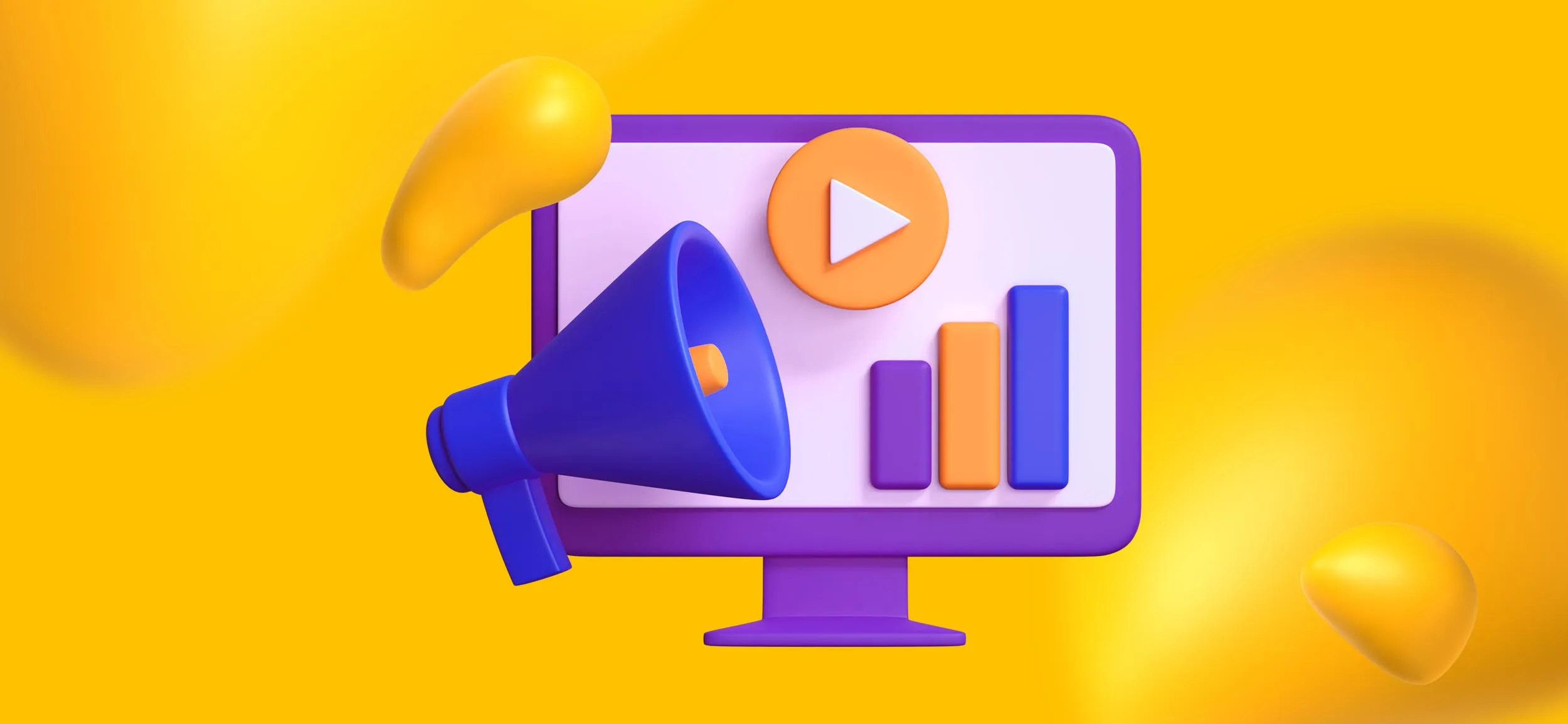 A computer monitor with elements of marketing, including a megaphone, video, and a graph trending upward.