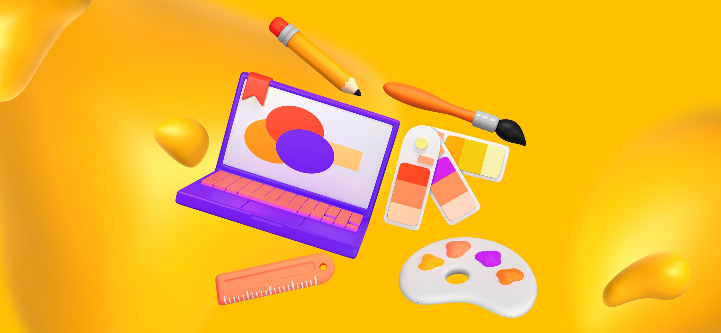 Elements of creative services, like a laptop, color palettes, paintbrush, pencil, and painter's palette.
