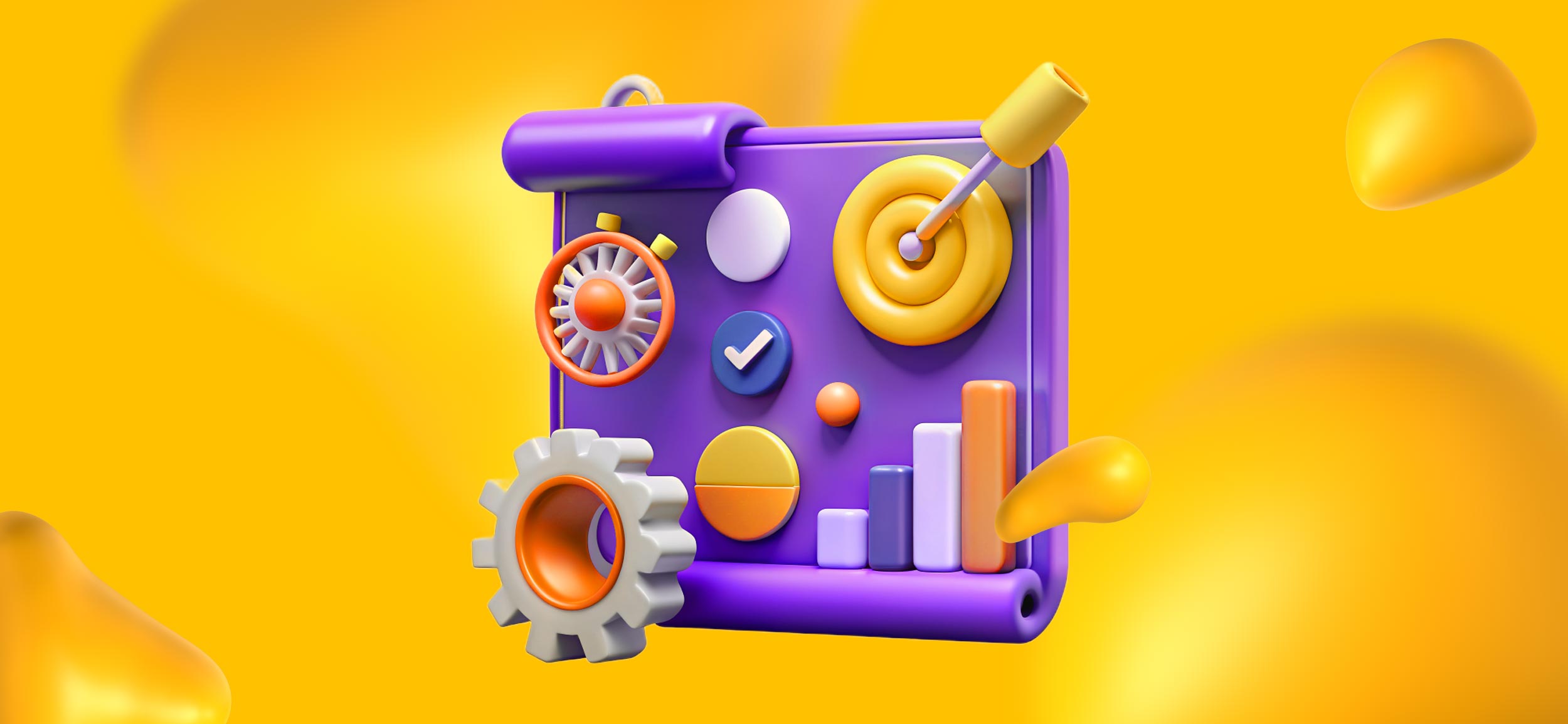 Elements of project management, including a gear, a bar graph, and a bullseye.