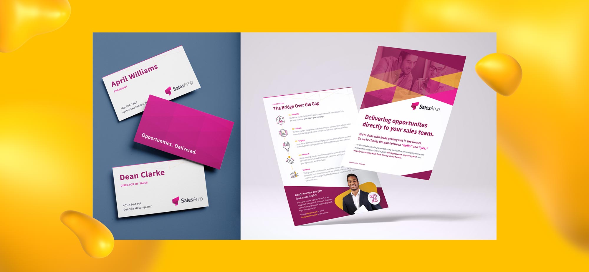 Business card and sell sheet design for SalesAmp, an example of Mike C's work.