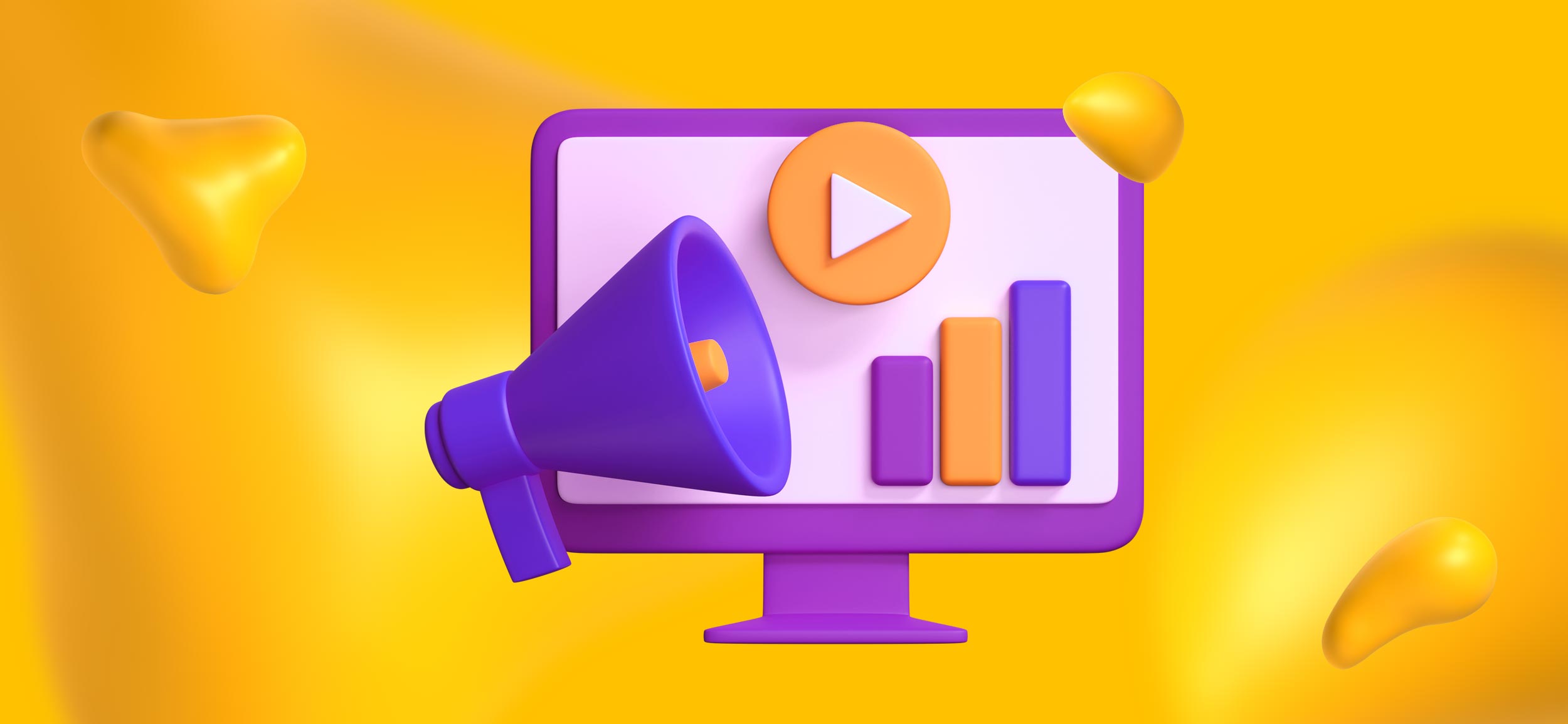 A computer monitor showing graphs, a video, and a megaphone, for why UX and UI matter for your marketing efforts.