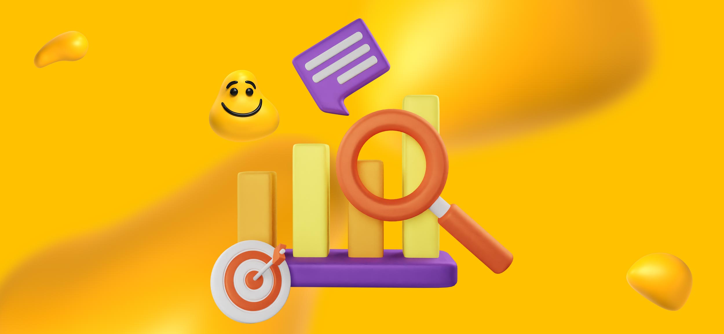 Elements of data analysis, including a target with bullseye, a magnifying glass, and a bar graph.