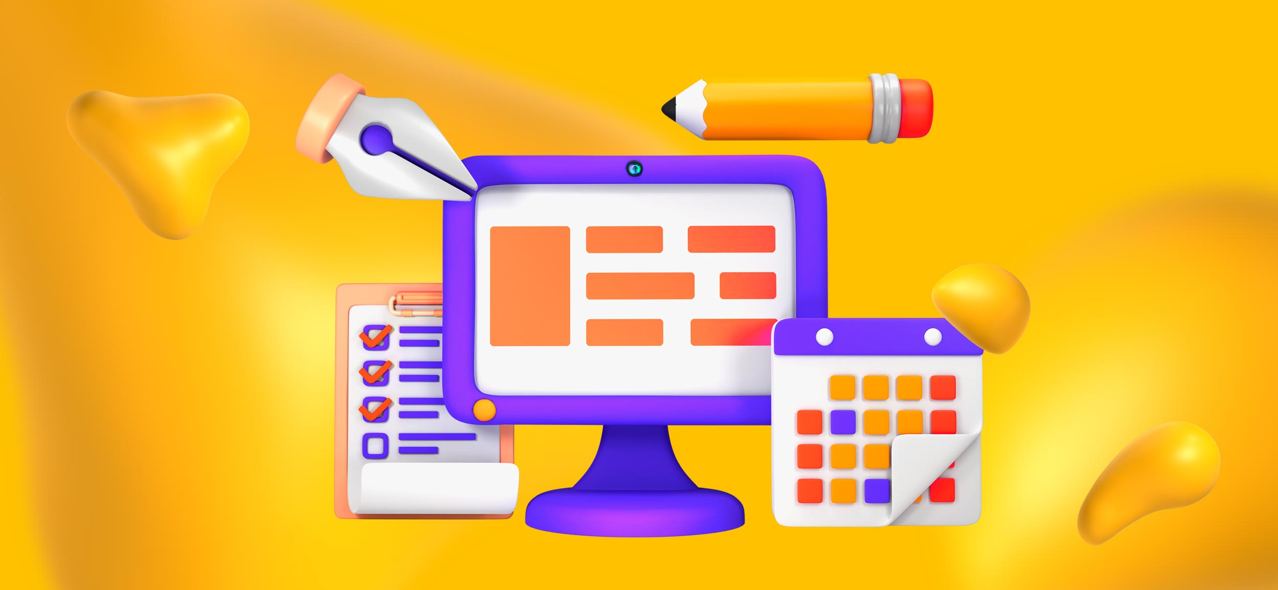 Elements of graphic design, including a pen tool, a pencil, a checklist, a calendar, and a computer monitor.