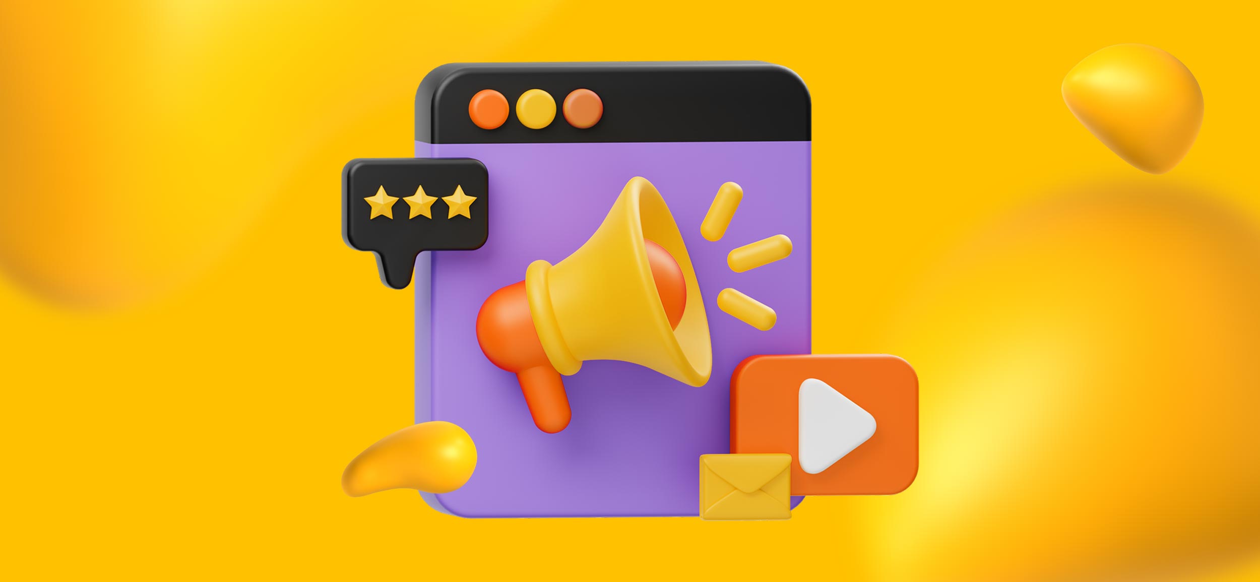 Elements of marketing, including a megaphone, a review, a video, and an email icon.