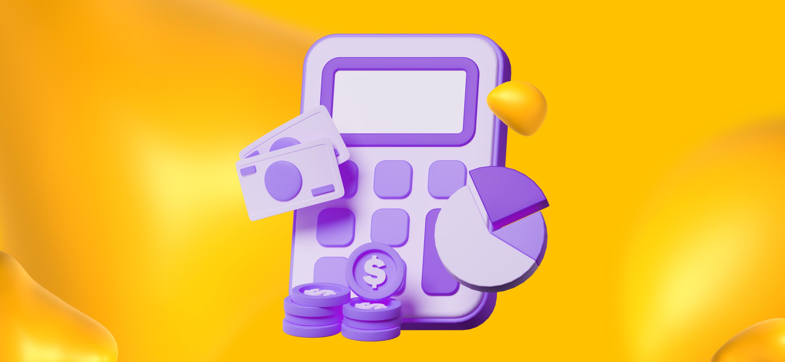 Elements of budgeting, including a calculator, pie chart, debit card, and coins. On-demand design is easy on the budget.