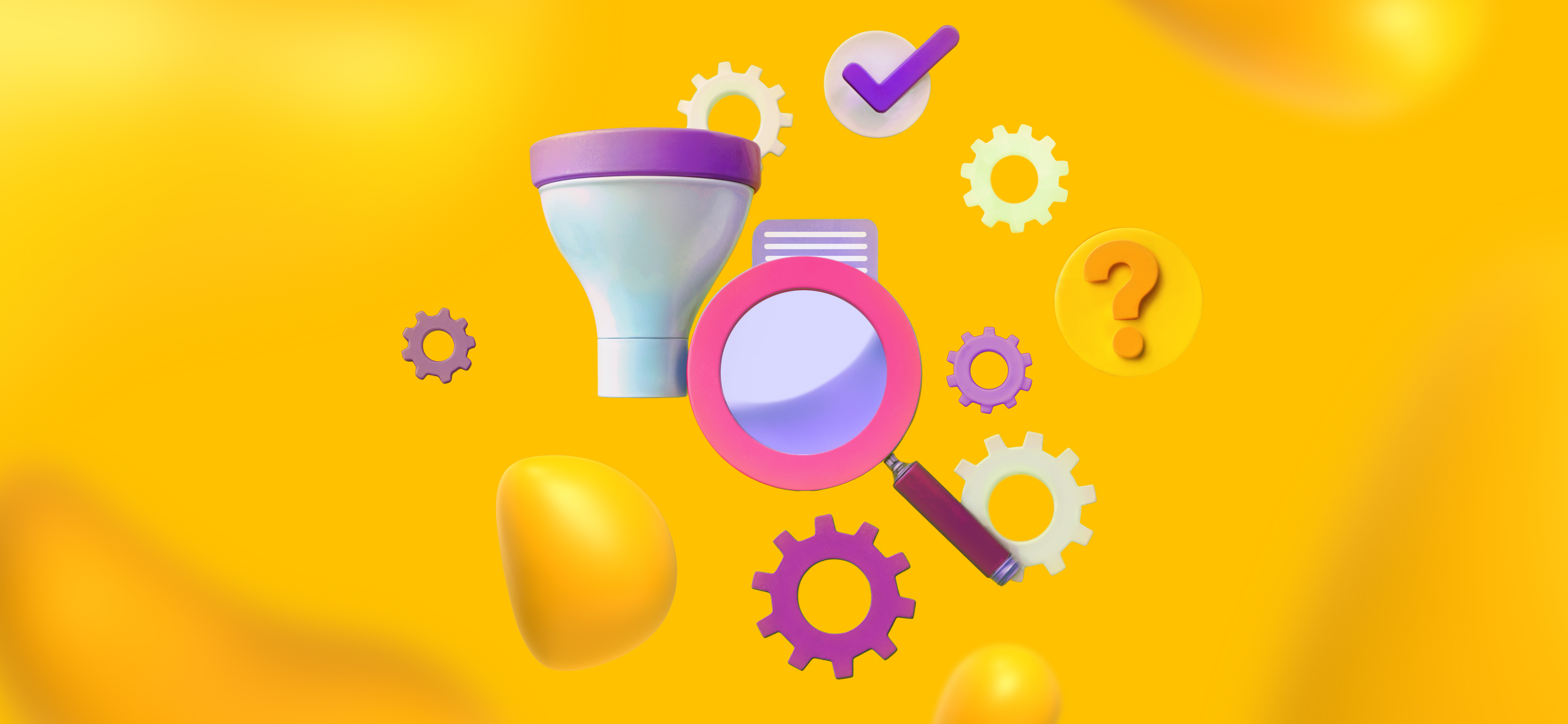 Elements of web conversions and UI/UX design, including a magnifying glass, a funnel, ears, and a question mark.